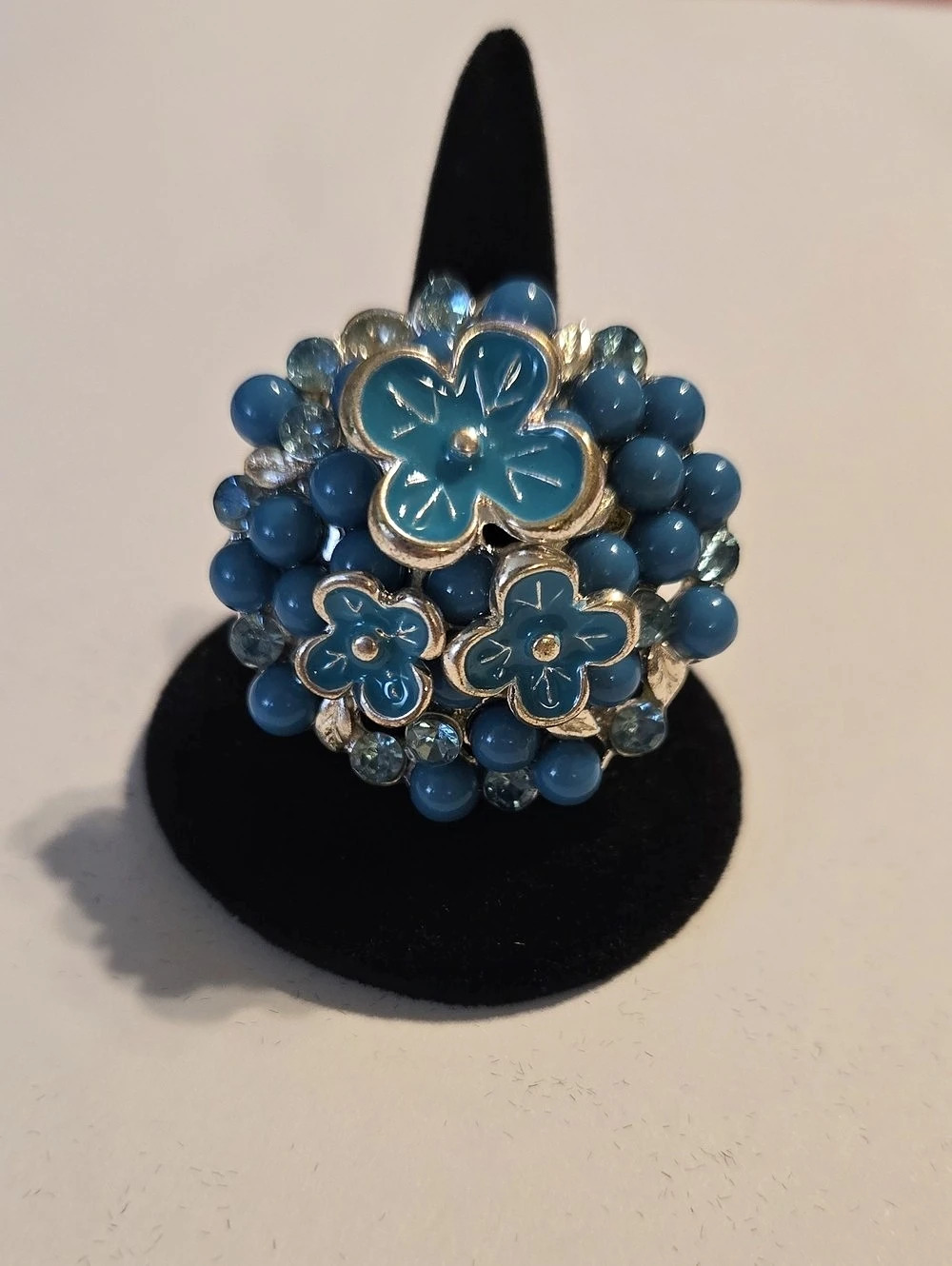 Blue Floral Beaded Stretch Statement Ring